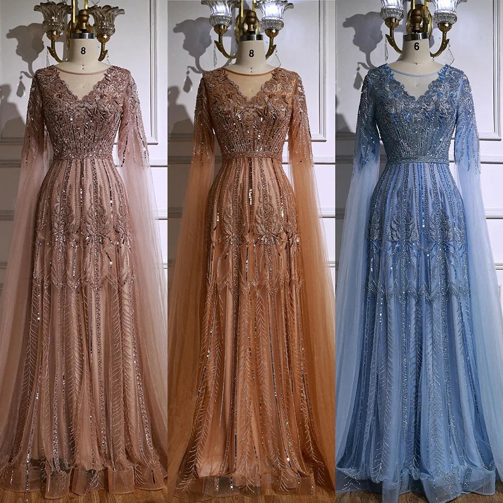 Elegant Beaded A-Line Evening Dress with Cape Sleeves LA73056 - SERENE HILL
