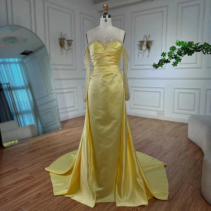 Elegant Yellow Mermaid Beaded Evening Gown with Detachable Sleeves LA72777 - SERENE HILL