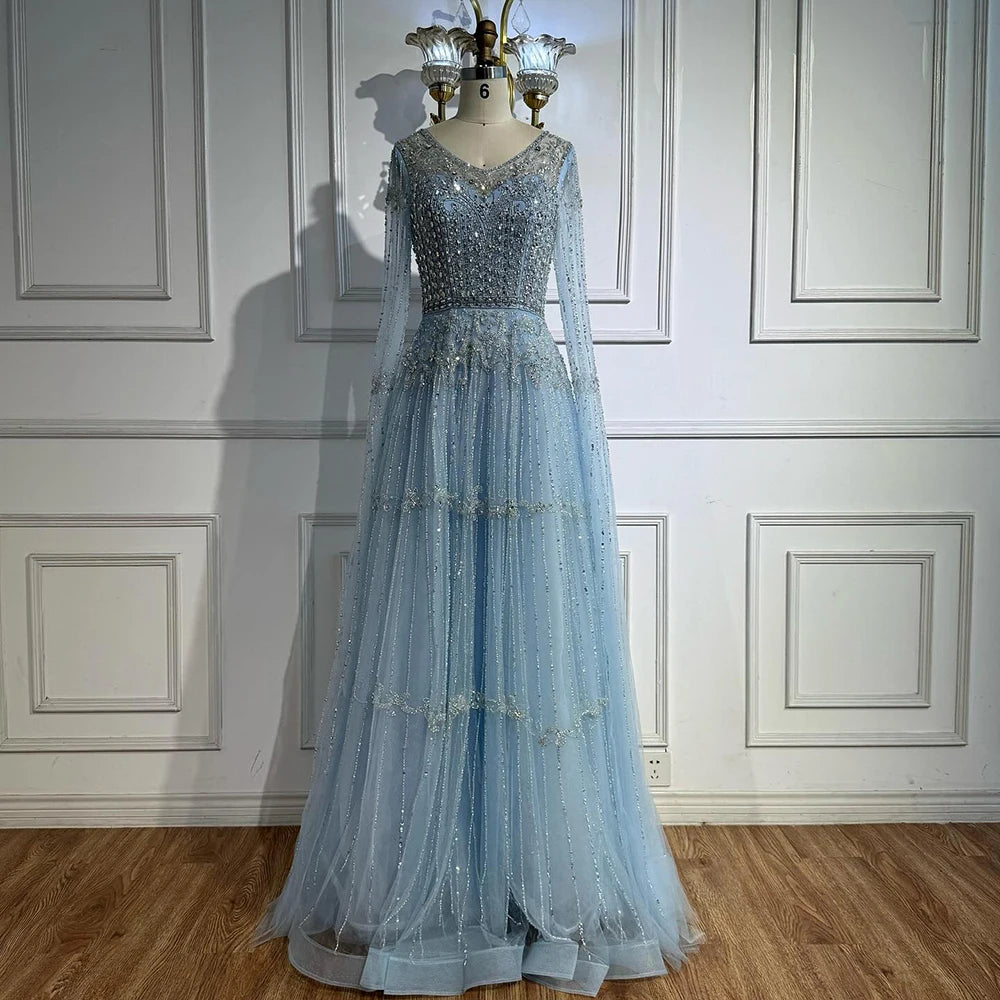 Elegant A-Line Beaded Evening Dress with Cape Sleeves LA73075 - SERENE HILL