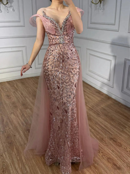 Serene Hill Pink Beaded Off Shoulder Evening Dress LA73413 - SERENE HILL