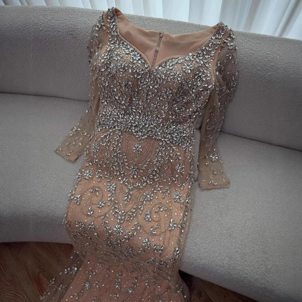 Luxury Nude Beaded Crystal Evening Dress with Long Sleeves LA73042 - SERENE HILL
