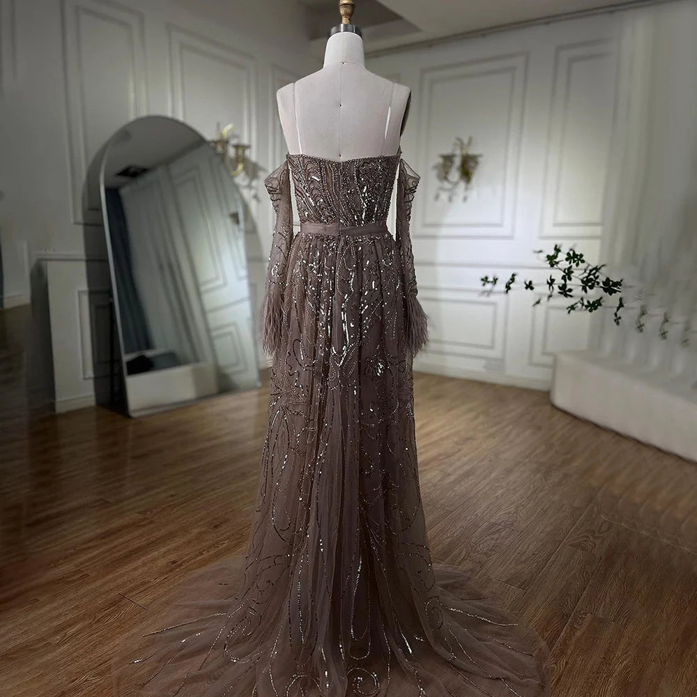 Luxury Arabic Nude Mermaid High Split Feather Beaded Evening Dress LA71910 - SERENE HILL