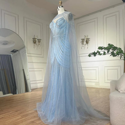 Luxury Blue Beaded Evening Gown with Detachable Cape LA72784 - SERENE HILL