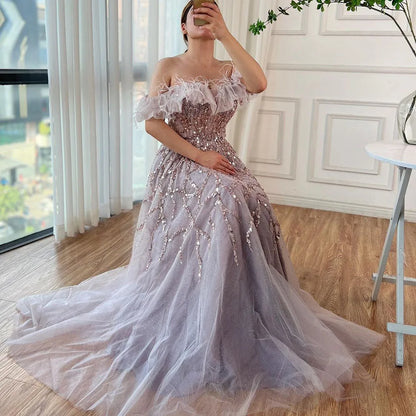 Luxury Turquoise Beaded Feather A Line Evening Dress LA71328 - SERENE HILL