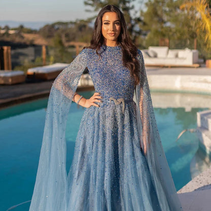 Luxury Blue A-Line High Neck Beaded Evening Dress with Cape Sleeves LA70066B - SERENE HILL