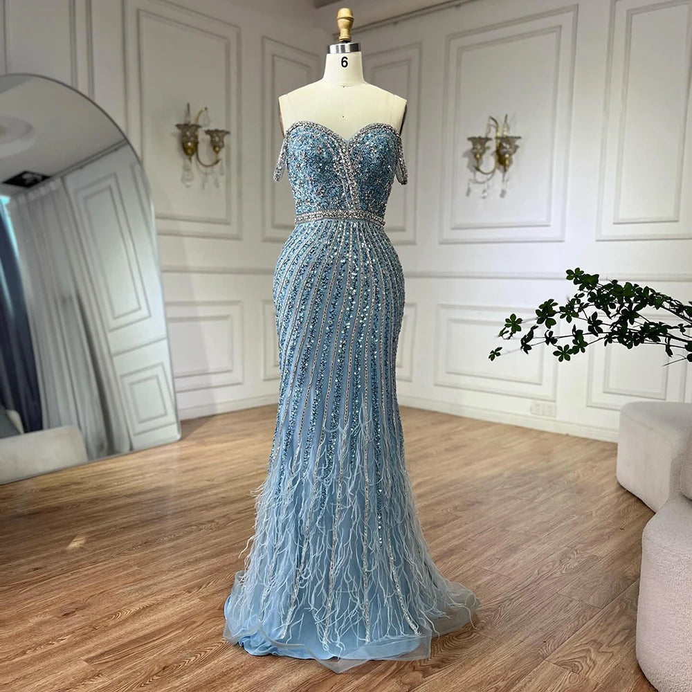 Luxury Dubai Caramel Spaghetti Strap Mermaid Gown Feathers Beaded Luxury Saudi Evening Dress for Formal Occasion LA72715 - SERENE HILL