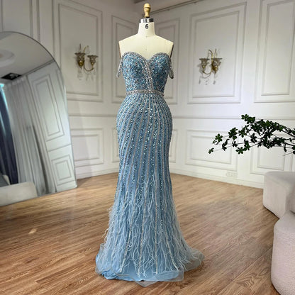 Luxury Dubai Caramel Spaghetti Strap Mermaid Gown Feathers Beaded Luxury Saudi Evening Dress for Formal Occasion LA72715 - SERENE HILL