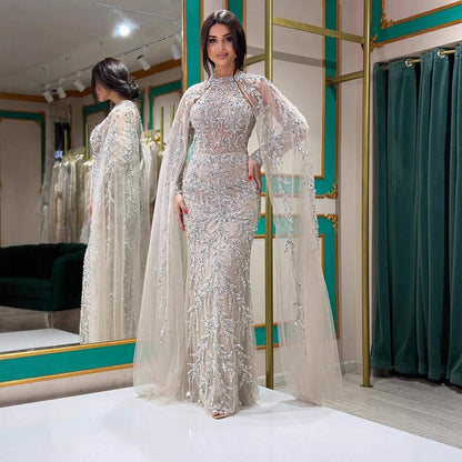Luxury Caramel Arabic Beaded Mermaid Evening Dress with Cape Sleeves LA72652 - SERENE HILL