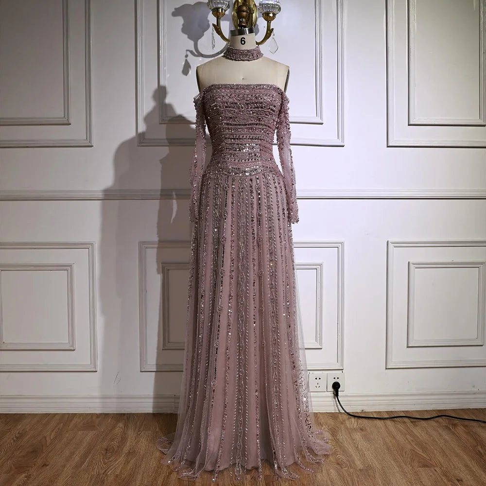 Luxury Caramel Off Shoulder Beaded Mermaid Evening Dress Long Sleeves LA73053 - SERENE HILL