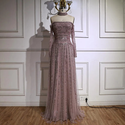 Luxury Caramel Off Shoulder Beaded Mermaid Evening Dress Long Sleeves LA73053 - SERENE HILL