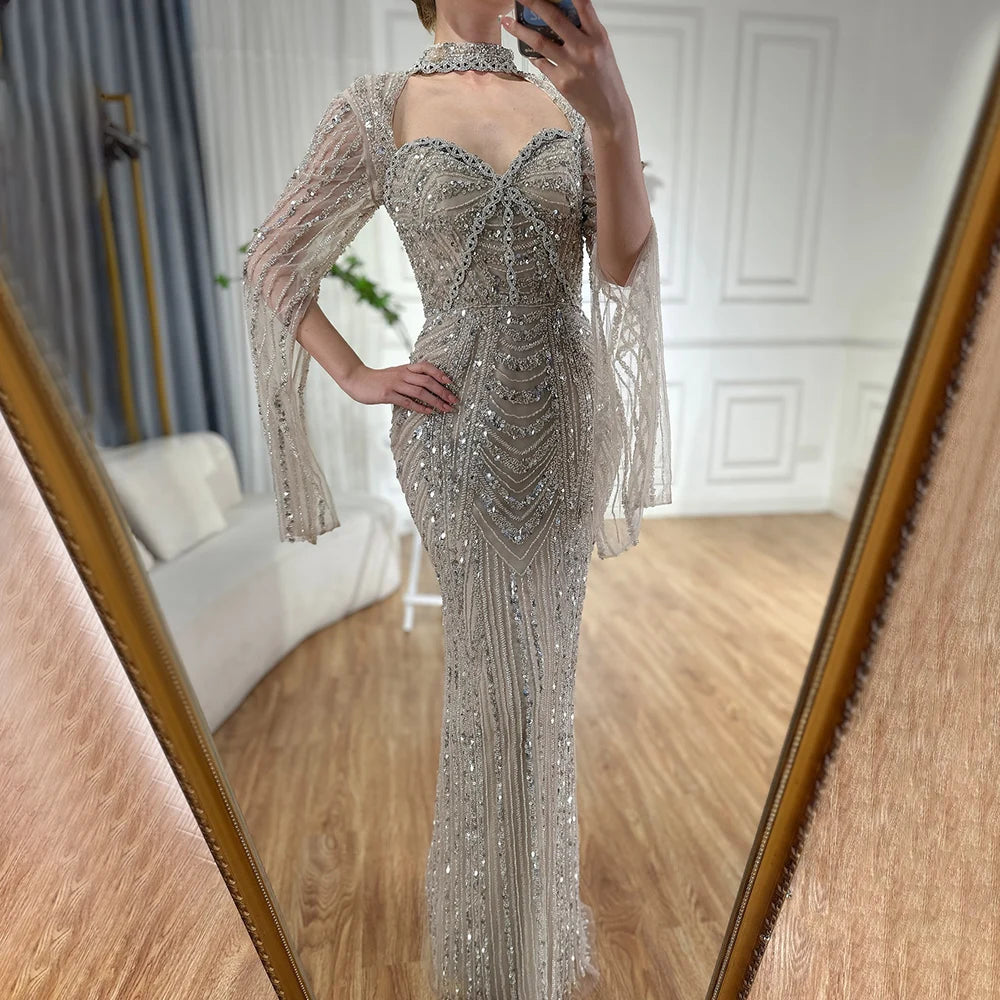 Serene Hill Luxury Dubai Nude Sweetheart Mermaid Beaded Evening Gowns with Back Split for Women&