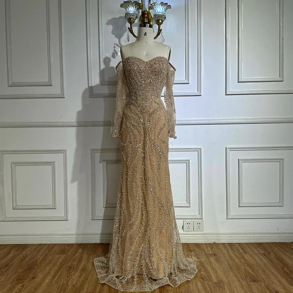 Luxury Beaded Evening Dress Off-Shoulder Long Sleeves Sequins LA72824A - SERENE HILL