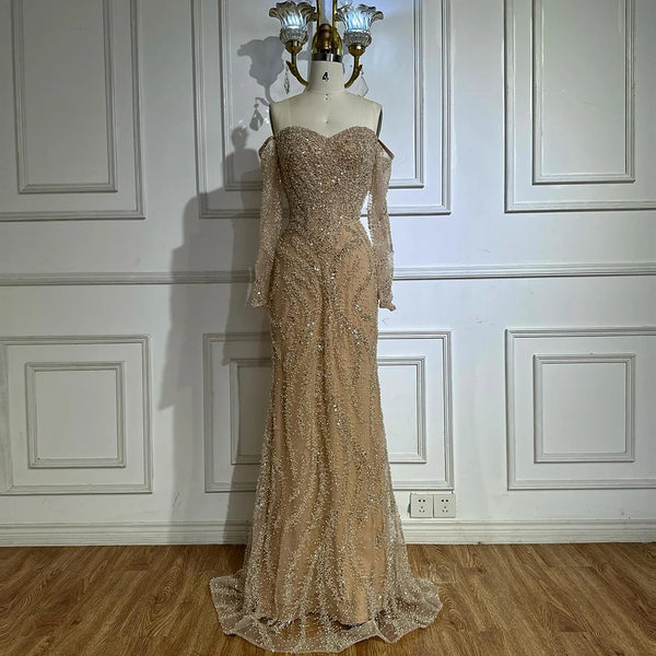 Luxury Beaded Evening Dress Off-Shoulder Long Sleeves Sequins LA72824A