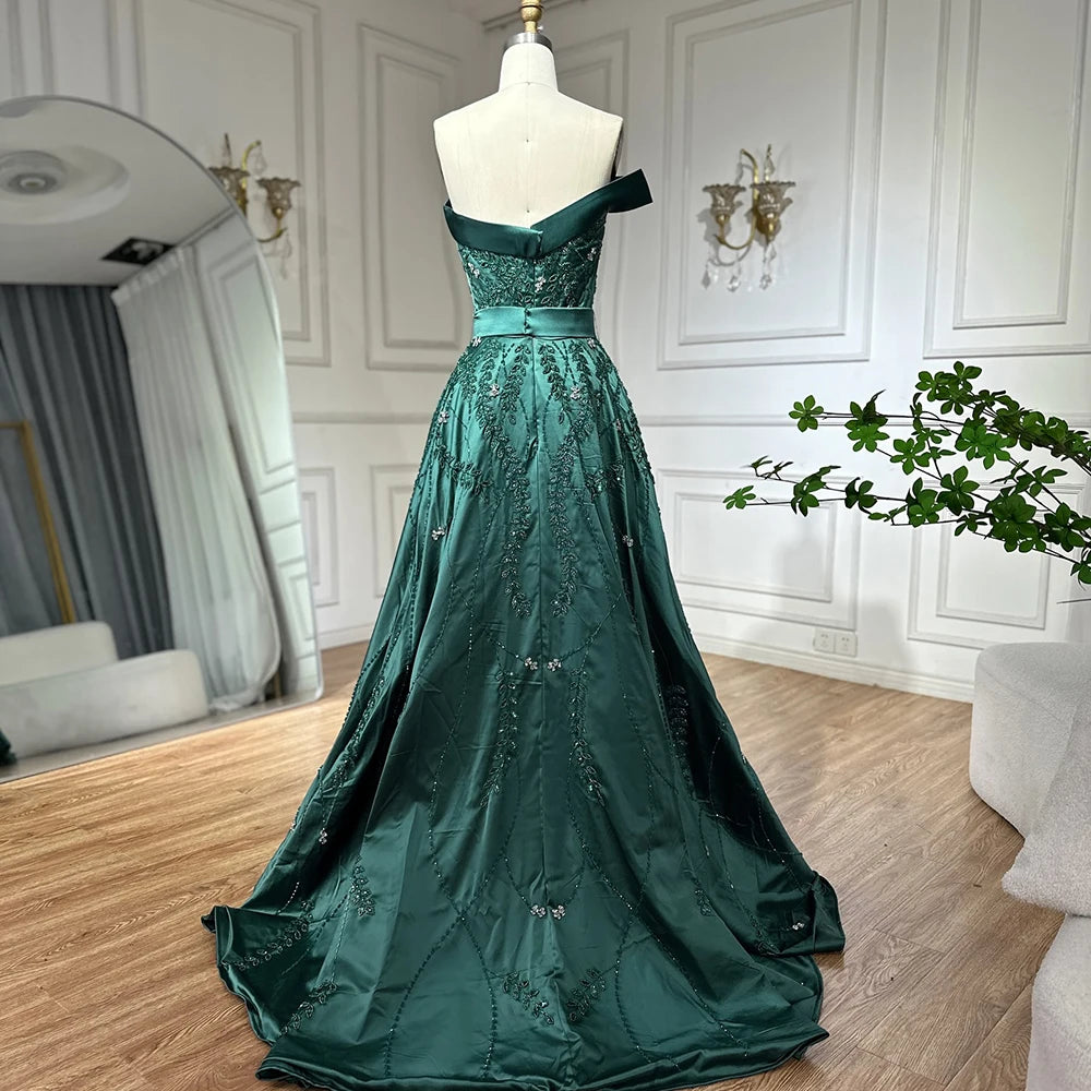 Luxury Green One Shoulder Satin Evening Dress with Overskirt LA72178 Green / 10 Luxury Green One Shoulder Satin Evening Dress with Overskirt LA72178 Green / 10