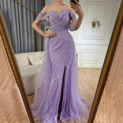 Serene Hill Nude Mermaid Elegant With Overskirt Off Shoulder Beaded Split Evening Dresses Gowns For Woman Party 2024 LA71728 - SERENE HILL