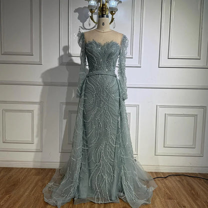 Luxury Sage Green Beaded Evening Dress with Detachable Overskirt LA73066 - SERENE HILL