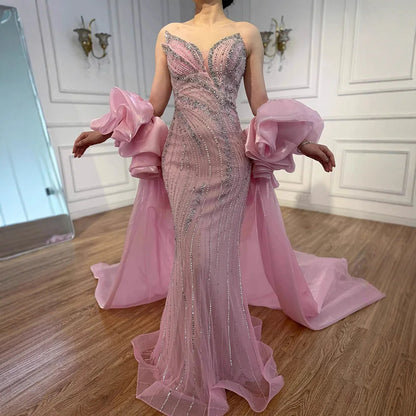 Luxury Designer Red Beaded Mermaid Evening Dress with Cape LA72896 - SERENE HILL