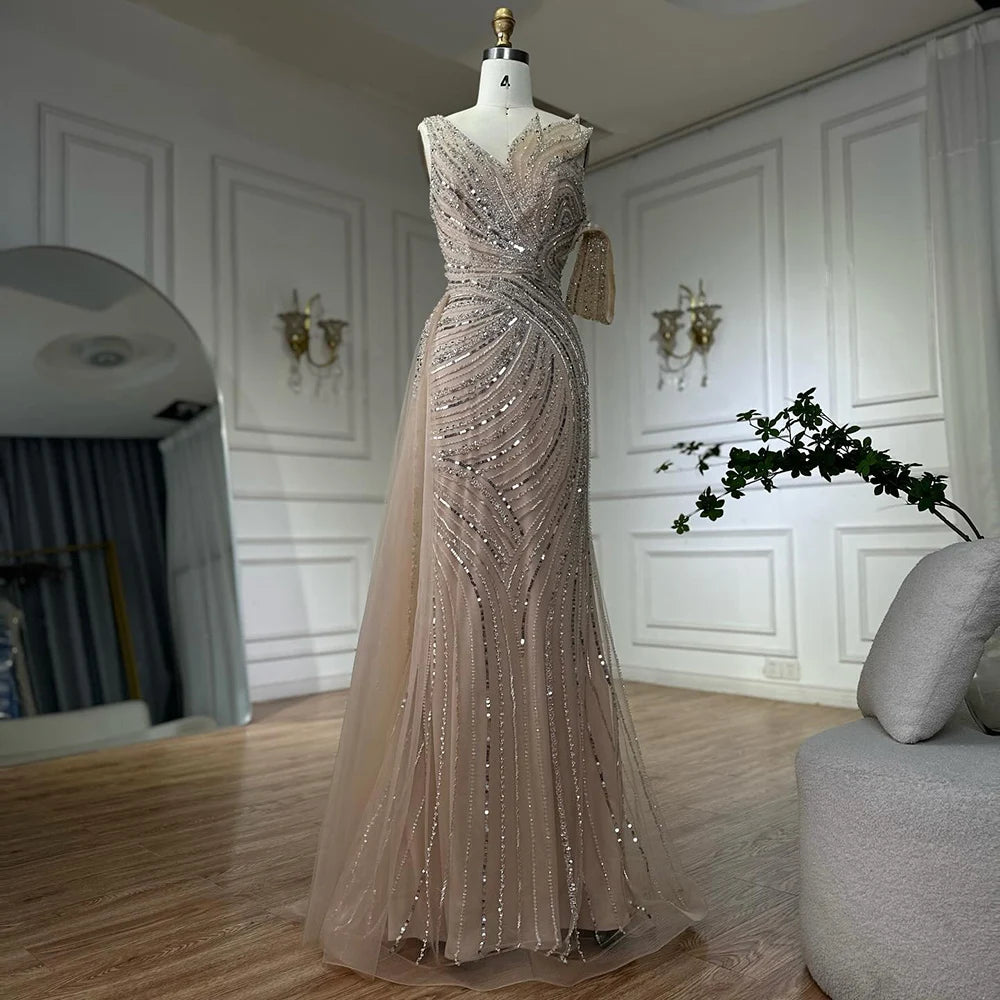 Luxury Dubai Arabic Pink Mermaid Elegant One Shoulder Beaded Long Evening Dresses Gowns for Formal Occasion LA72662A - SERENE HILL