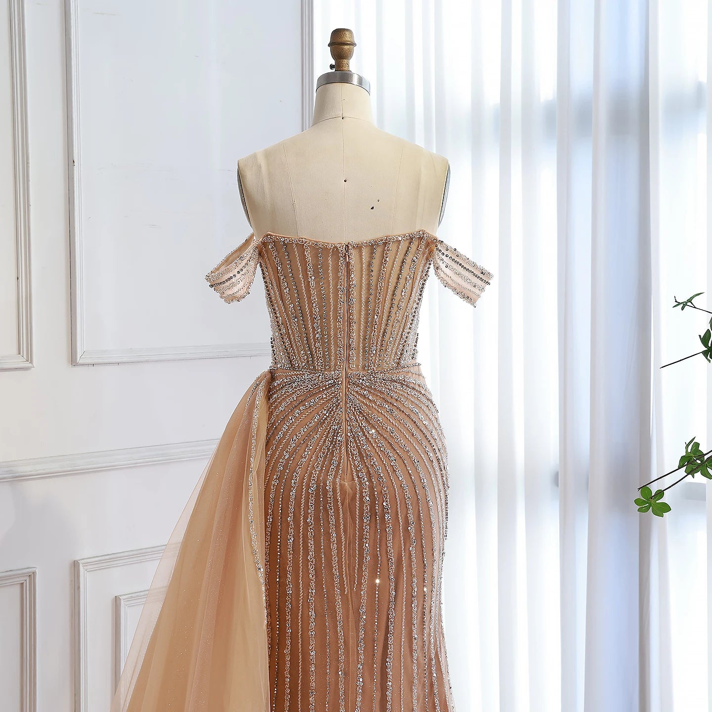 Luxury Nude Off Shoulder Beaded Mermaid Gown with Overskirt LA73139 - SERENE HILL