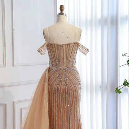 Luxury Nude Off Shoulder Beaded Mermaid Gown with Overskirt LA73139 - SERENE HILL