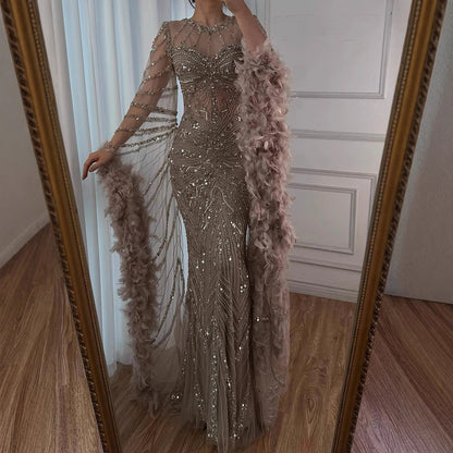 Luxury Modest Pink Feathers Long Cape Sleeves Mermaid Evening Dress LA72708A - SERENE HILL