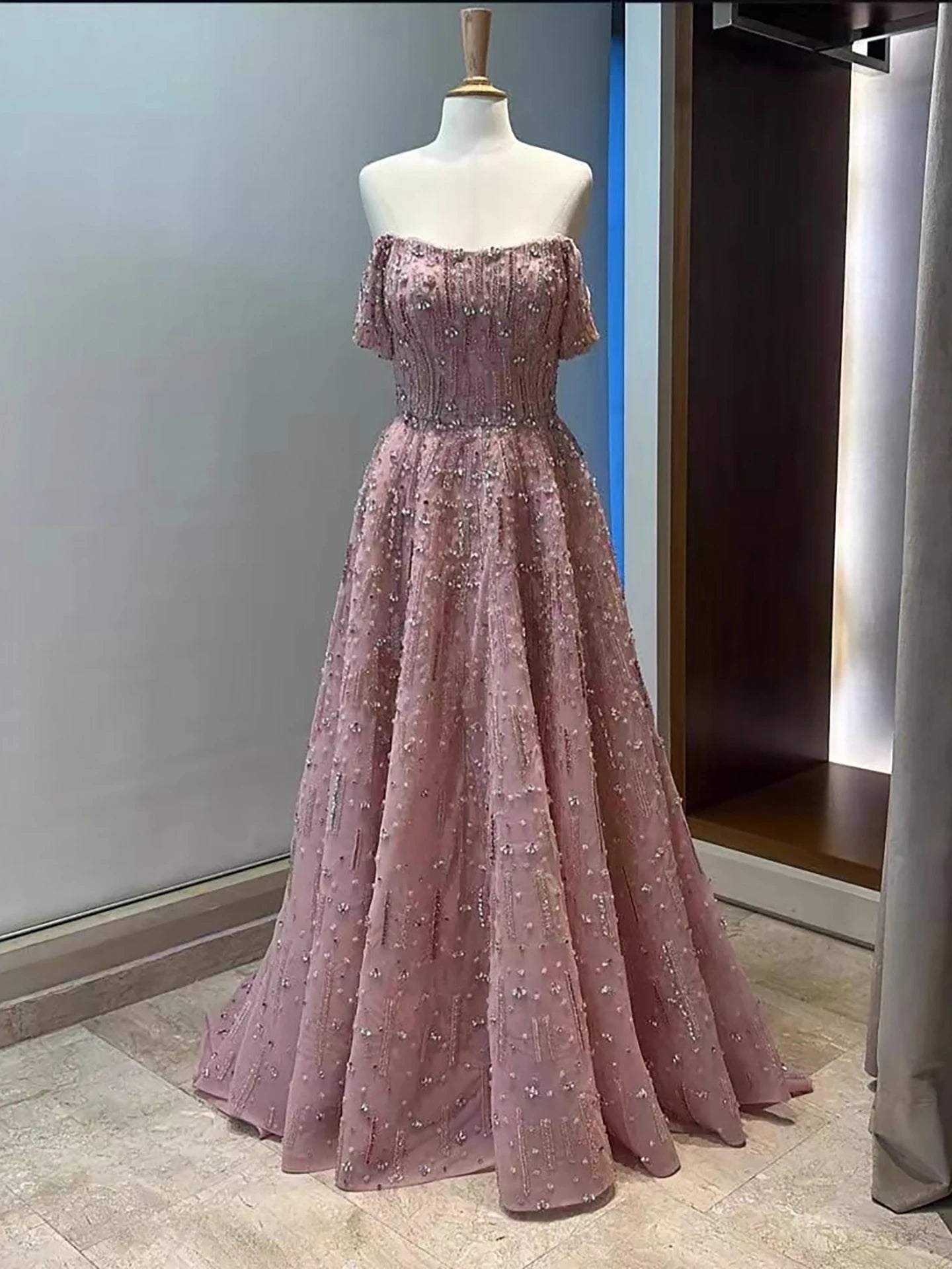 Luxury Arabic Pink Off Shoulder Beaded A-Line Evening Dress LA73326 - SERENE HILL