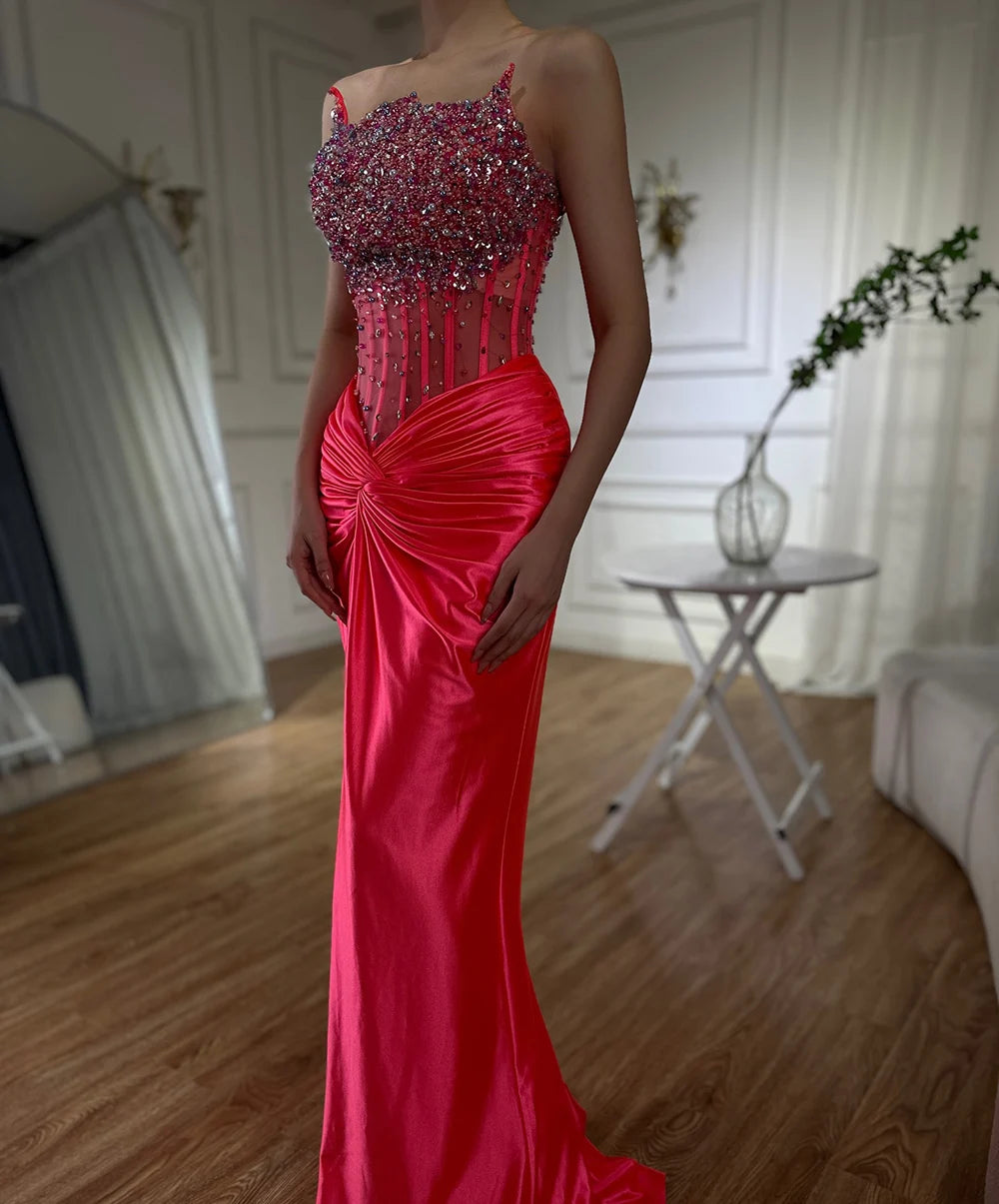 Serene Hill 2025 Arabic Fuchsia Side Split Beaded Mermaid Luxury Dubai Evening Gown for Women&