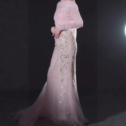 Luxury Pink Beaded Mermaid Evening Dress with Sheer Cape LA73346 - SERENE HILL