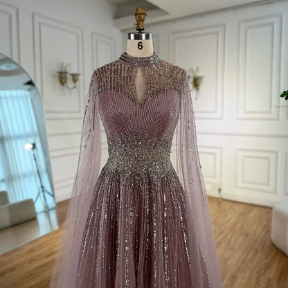 Luxury Modest Blue Beaded Evening Dress with Cape LA73059 - SERENE HILL