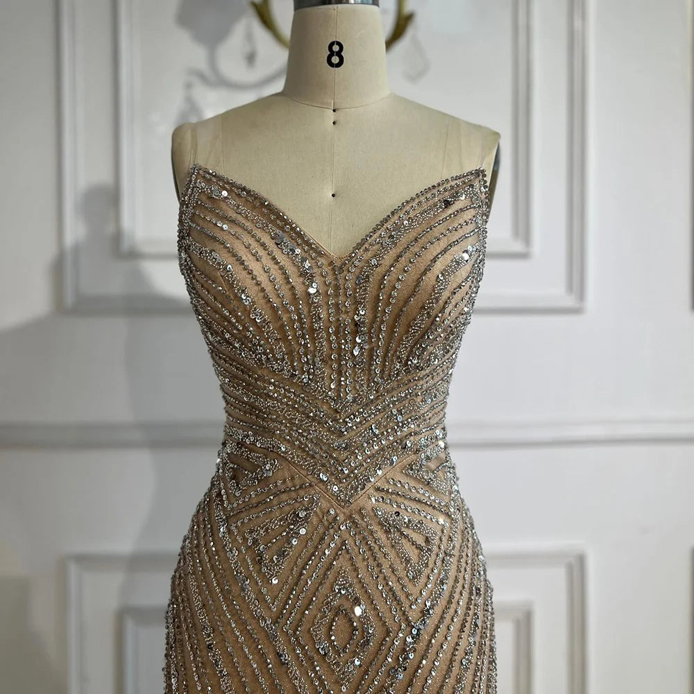 Luxury Nude V Neck Beaded Mermaid Evening Dress Sleeveless LA72981 - SERENE HILL