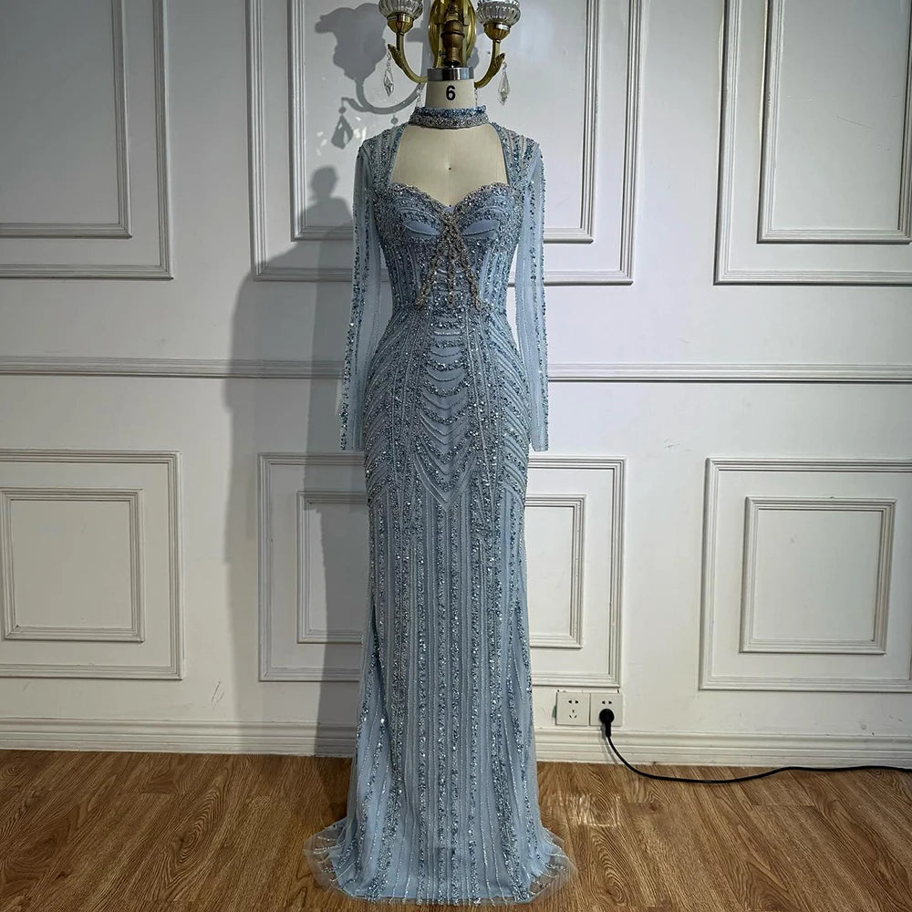 Caramel Beaded Mermaid Evening Dress with Long Sleeves LA72560B - SERENE HILL