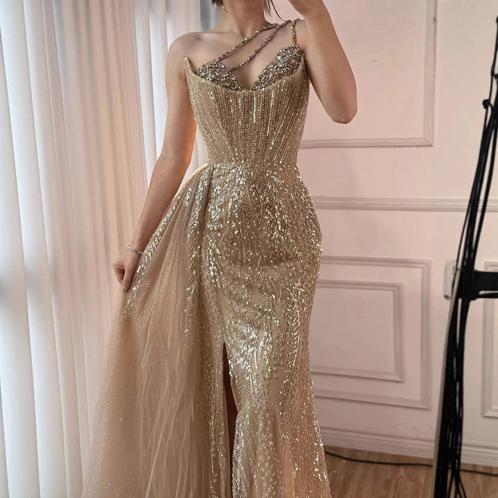 Luxury Nude Crystal Beaded One-Shoulder Evening Dress with Overskirt  LA73161 – SERENE HILL