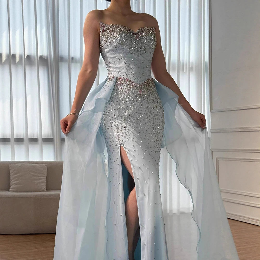 Luxury Blue Crystal Beaded Mermaid Evening Dress with Overskirt LA73145 - SERENE HILL
