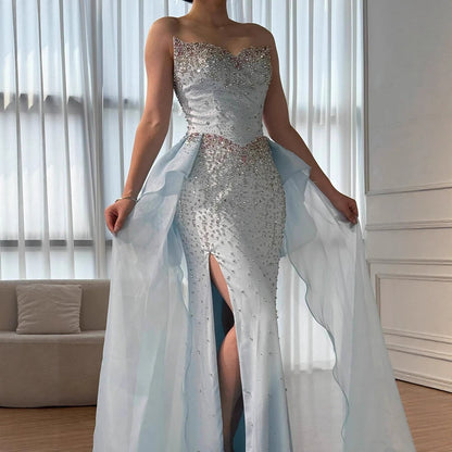 Luxury Blue Crystal Beaded Mermaid Evening Dress with Overskirt LA73145 - SERENE HILL