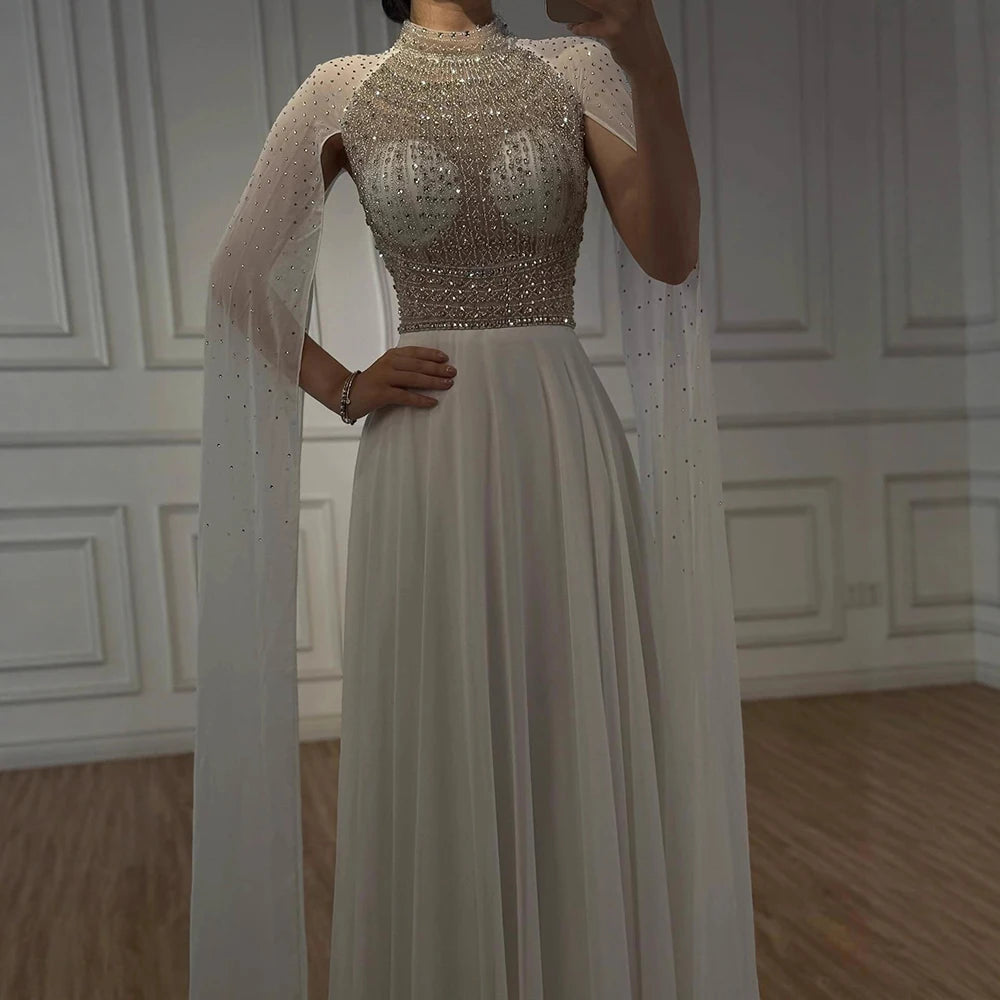 Luxury Nude Chiffon Beaded Evening Dress with Cape LA73144 - SERENE HILL