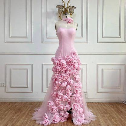 Elegant Evening Dress for Girls Arabic Pink 3D Flowers Elegant Srapless Dress Side Split Prom Party Gowns LA72568 - SERENE HILL