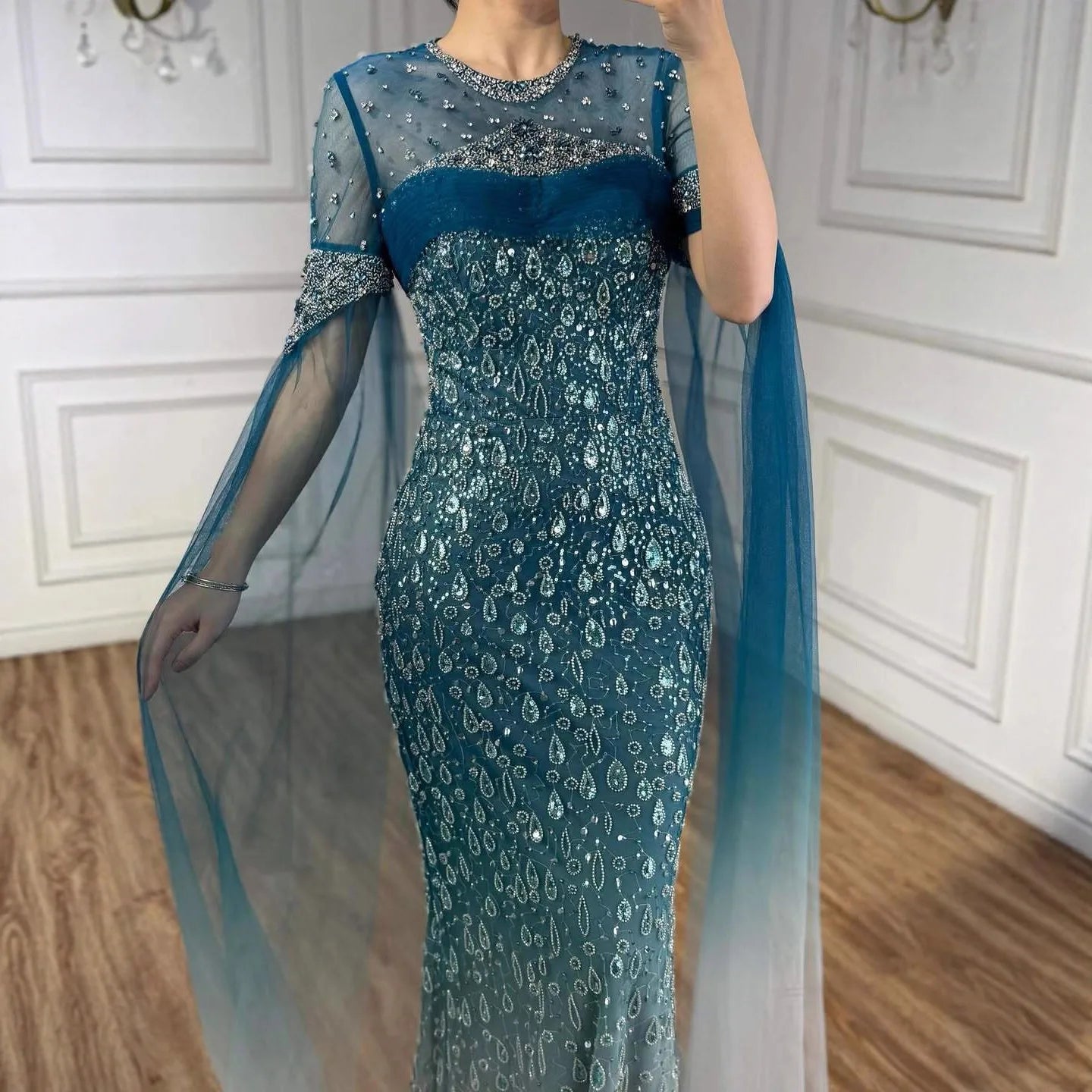 Luxury Arabic Gradient Green Mermaid Evening Dress With Cape LA73414 - SERENE HILL