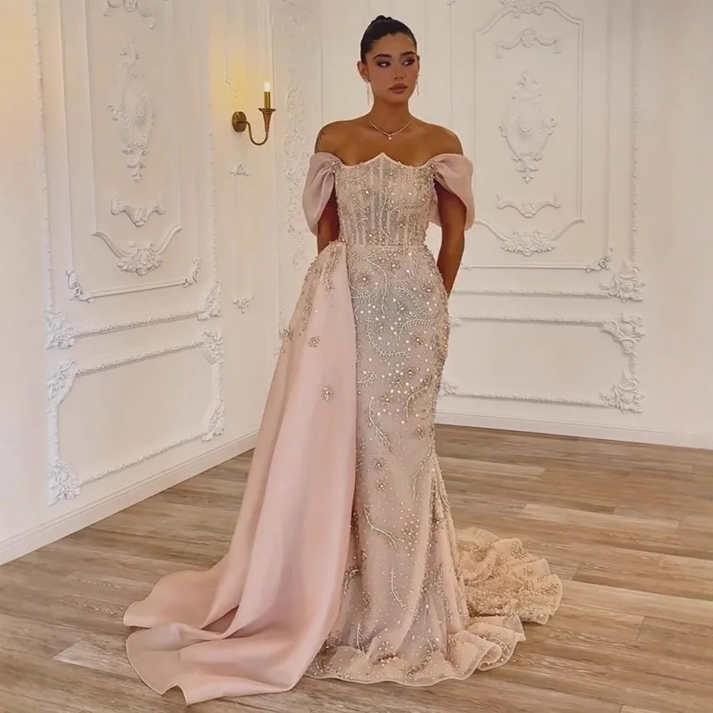 Luxury Nude Off Shoulder Pearl Beaded Mermaid Evening Dress with Overskirt LA73109 - SERENE HILL