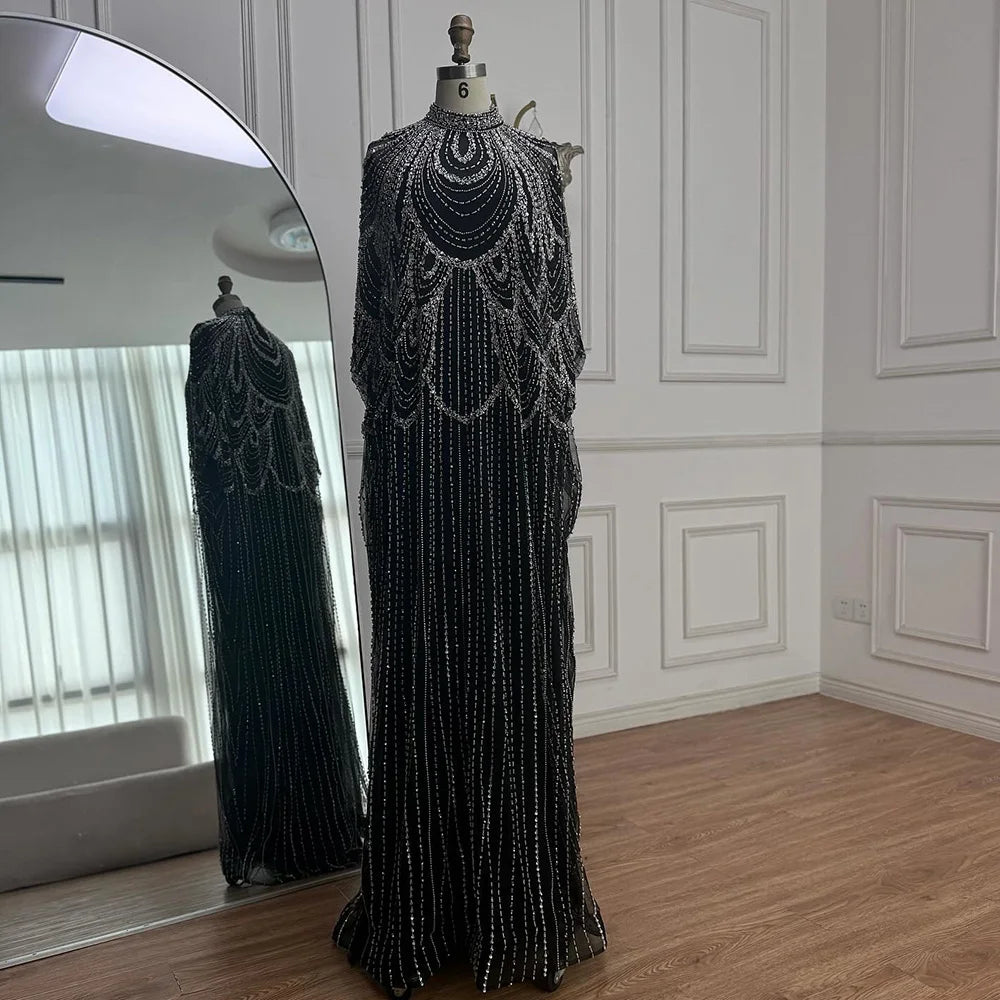 Luxury Silver Nude Beaded Mermaid Evening Dress with Cape LA72484A - SERENE HILL
