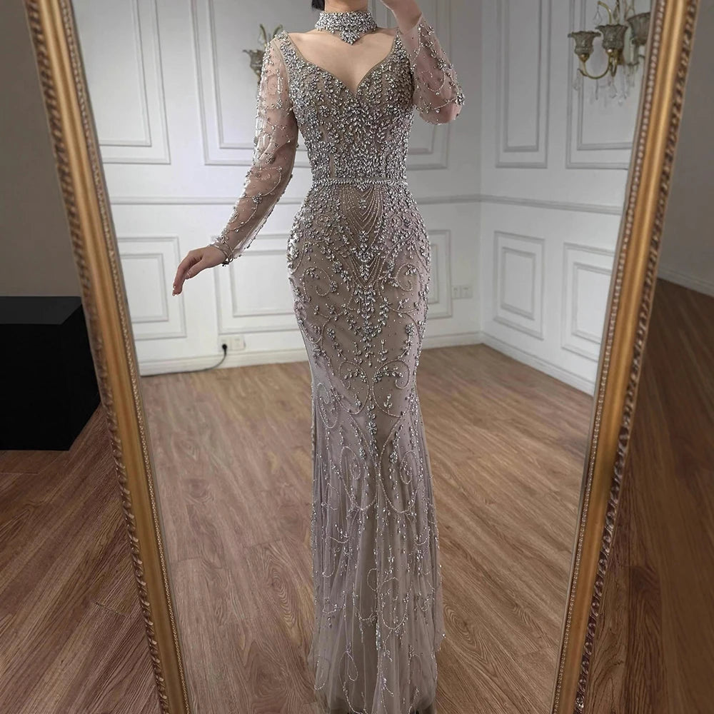 Luxury Caramel Beaded Crystal Mermaid Evening Dress Long Sleeves LA73042B - SERENE HILL