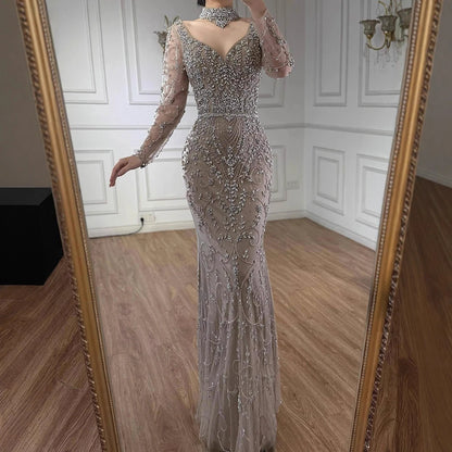 Luxury Caramel Beaded Crystal Mermaid Evening Dress Long Sleeves LA73042B - SERENE HILL