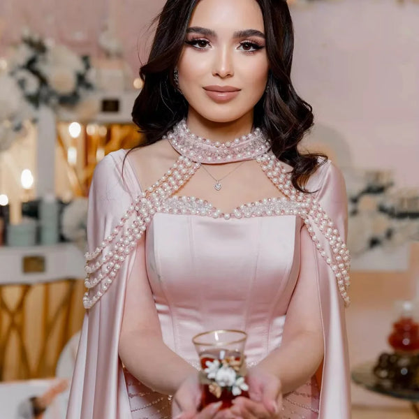 Luxury Arabic Pearls Pink Evening Dress with Cape LA73051