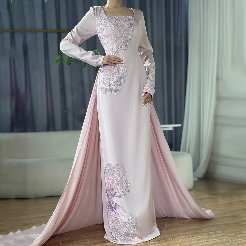 Serene Hill 2025 Arabic Pink Mermaid Elegant Beaded Satin Luxury Dubai Evening Dresses Gowns For Women Party LA72001A - SERENE HILL
