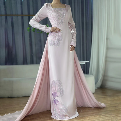 Serene Hill 2025 Arabic Pink Mermaid Elegant Beaded Satin Luxury Dubai Evening Dresses Gowns For Women Party LA72001A - SERENE HILL