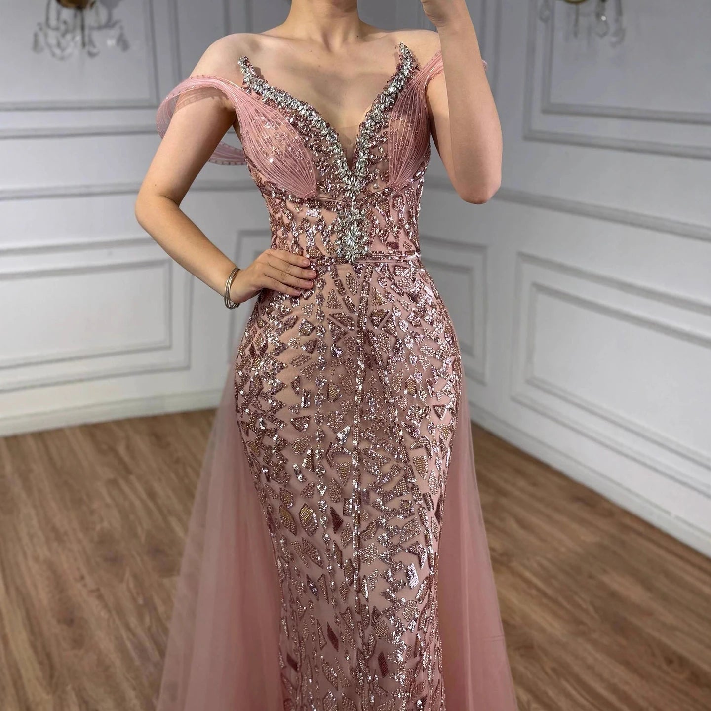 Serene Hill Pink Beaded Off Shoulder Evening Dress LA73413 - SERENE HILL