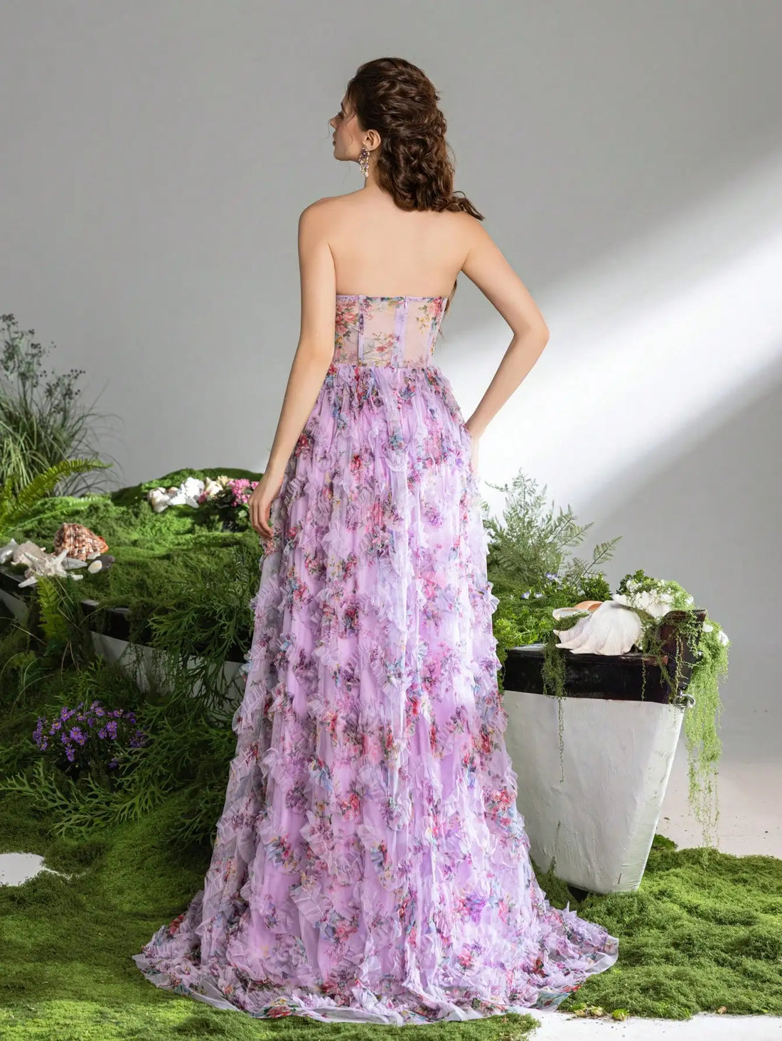 Pink A-Line Tulle Printed Ruffle Tiered Prom Dress LA73275 - SERENE HILL