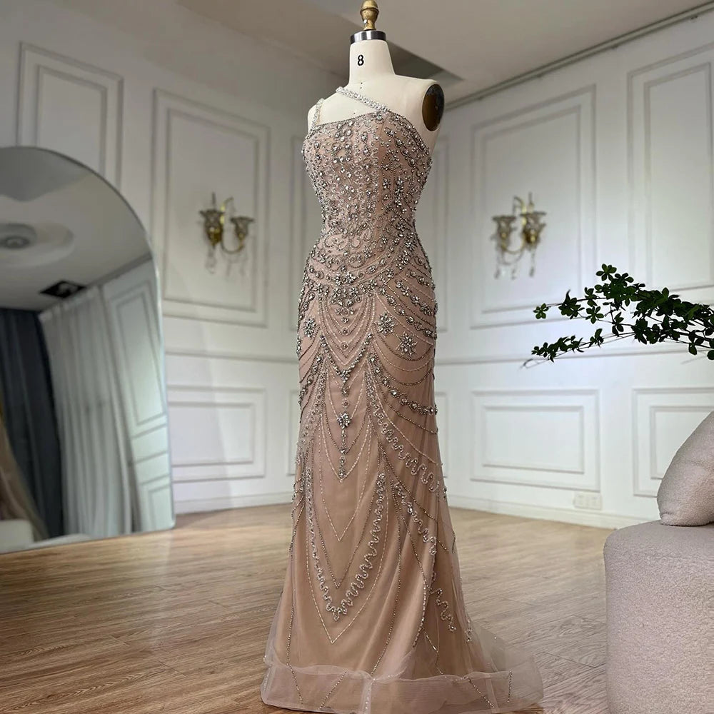 Luxury Dubai Elegant Nude One Shoulder Beaded Evening Dresses Gowns for Formal Occasion LA72791 - SERENE HILL