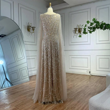 Luxury Dubai Nude Modest Muslin A-Line Evening Dress Plus Size LA72590B - SERENE HILL