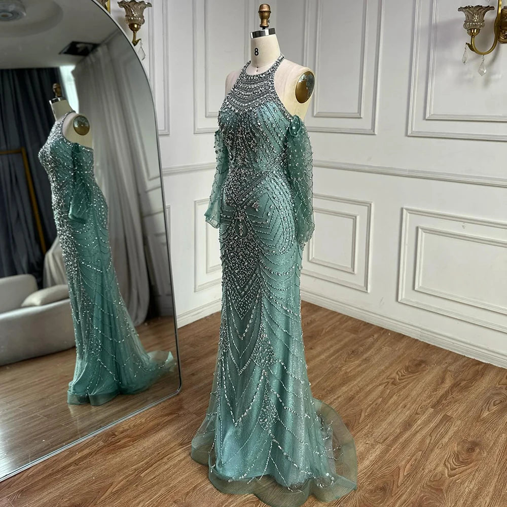 Luxury Turquoise Mermaid Evening Dress Detachable Sleeves LA72925 - SERENE HILL