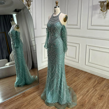 Luxury Turquoise Mermaid Evening Dress Detachable Sleeves LA72925 - SERENE HILL